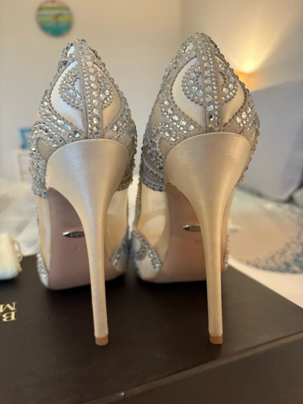 Badgley Mischka Ivory Crystal Embellished Peep-Toe Pumps - Picture 5 of 6